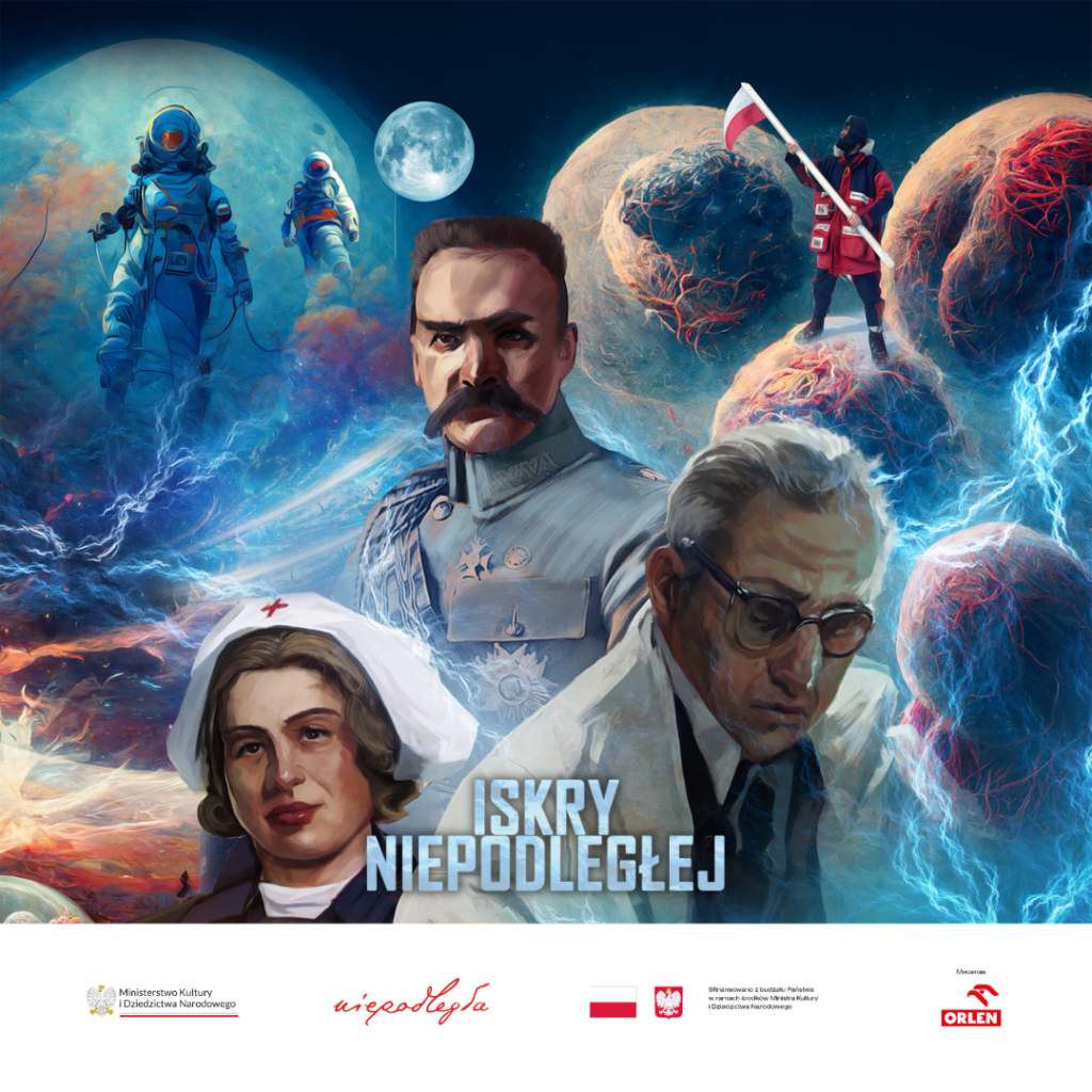 Kwadratowy graficznie wykonany plakat science-fiction z postaciami m.in. Józefem Piłsudskim. Na dole widnieje napis "ISKRY NIEPODLEGŁEJ".