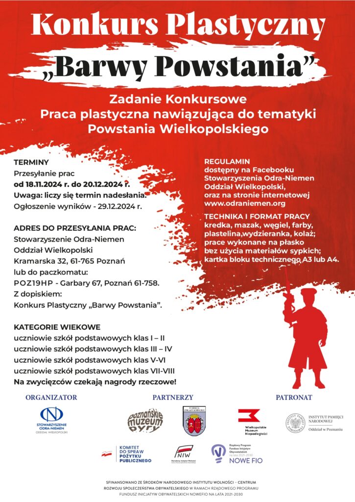 biało-czerwony plakat, z prawej strony bliżej dołu czerwona sylwetka żołnierza, dwa bloki tekstu ze szczegółami dotyczącymi konkursu; na dole logotypy patronów